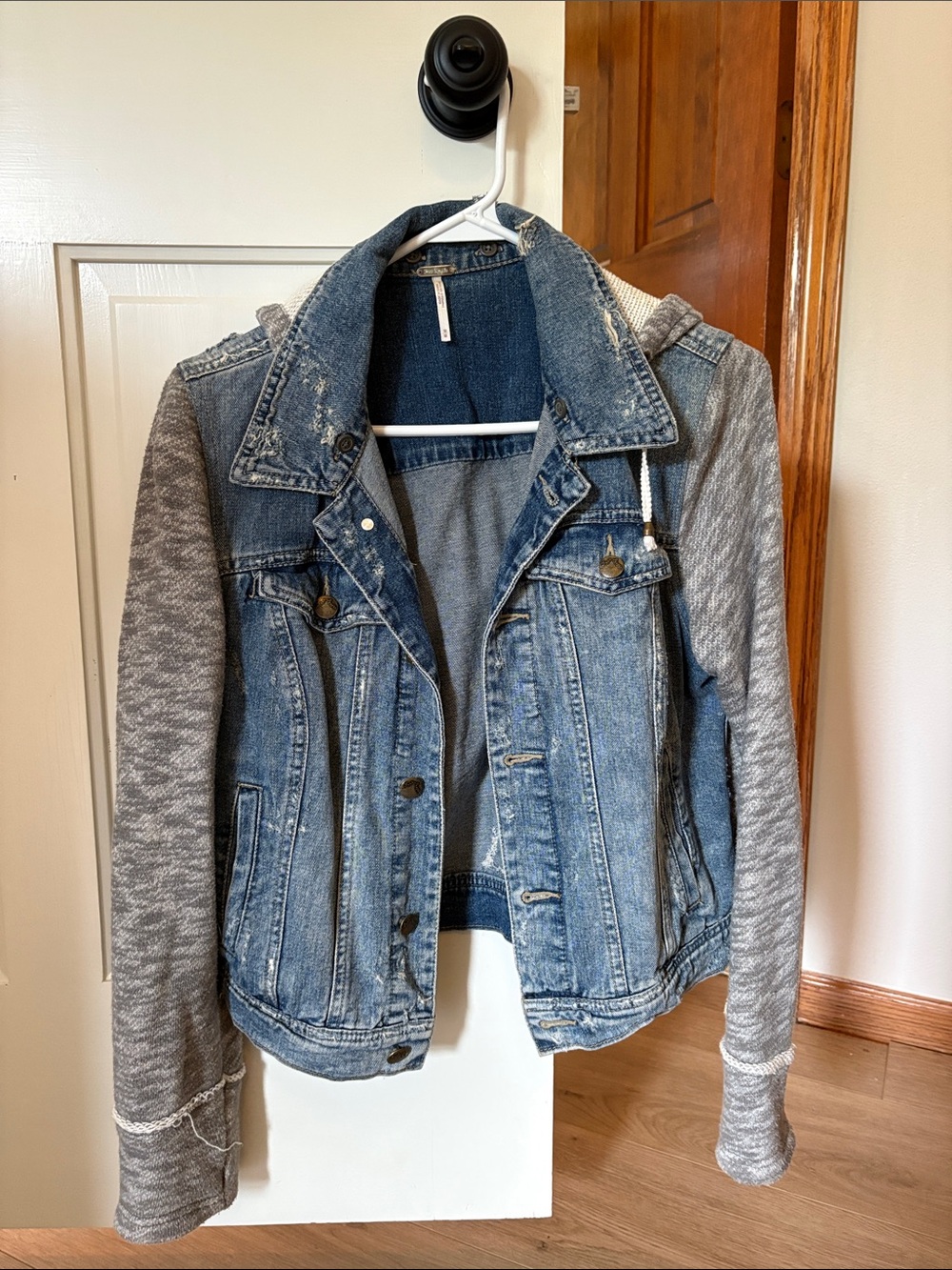 Free People Blue Denim Jacket with Gray Knit Sleeves